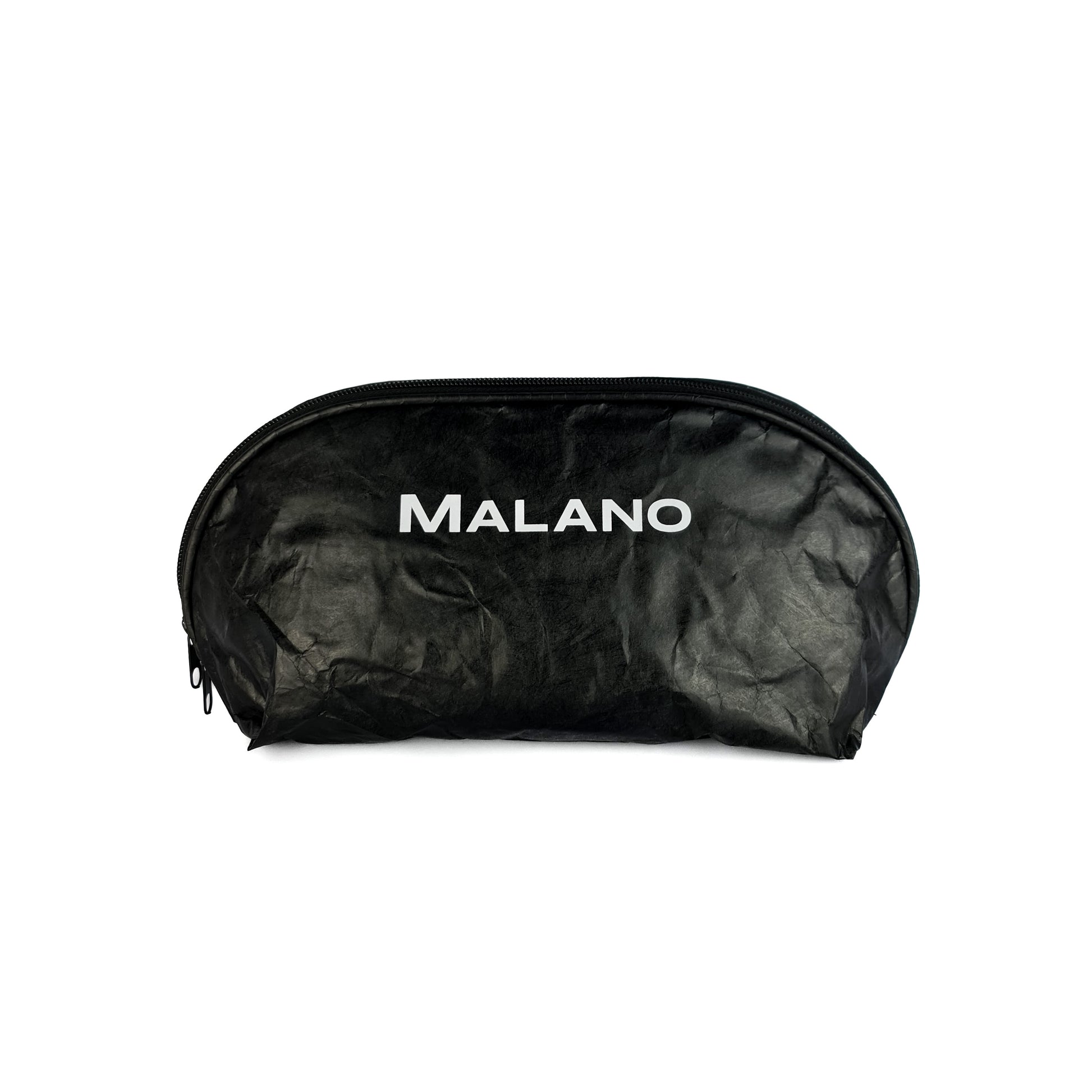 A black cosmetic bag with white writing of the brand MALANO written on the front of the bag. There are also two zips off to the left side. 