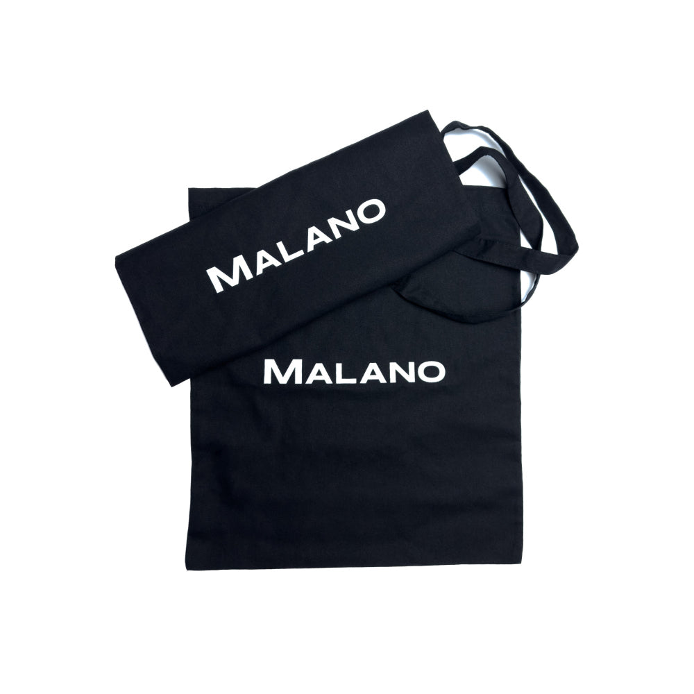 Two black cotton tote bags with the brand name 'MALANO' printed on the front, laying flat on a white background.