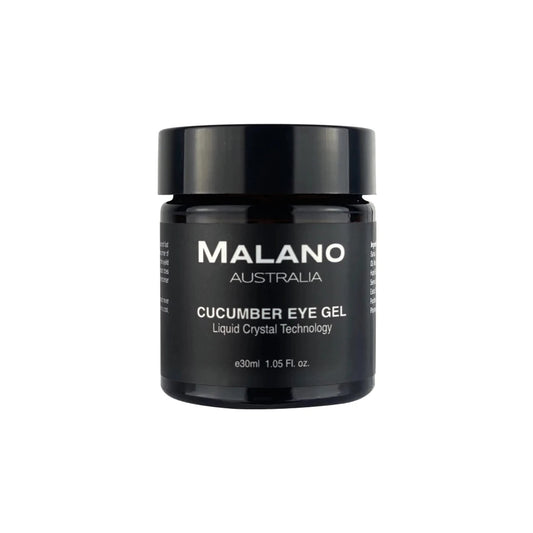 A black jar containing Cucumber Eye Gel made by Malano. The Jar has a black label  with white label text on it displaying the product, brand and 30mL capacity.