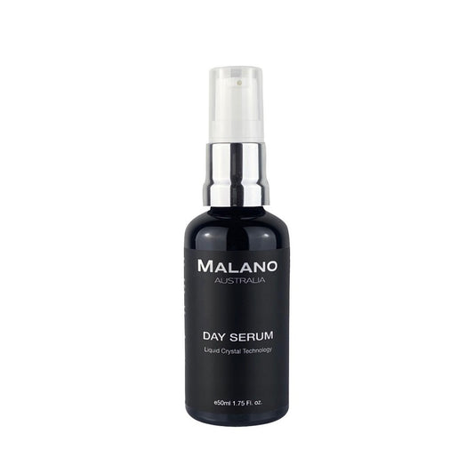 A black bottle with a silver and white pump labeled 'MALANO DAY SERUM' with Liquid Crystal Technology and a capacity of 50mL, Designed for skin care.