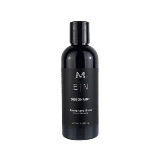 A black bottle of Debonaire Men's Aftershave Balm with a black label and white text detailing the product name and description with the products sitting against a white background.