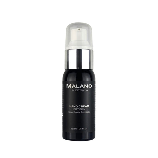 A black pump bottle labeled 'MALANO Signature Range Hand Cream' designed for dry skin with a black label and white writng.
