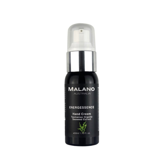 A pump bottle of Malano Energessence Hand Cream with black and white label, indicating it is part of the Tasmanian Organic Seaweed Range. 