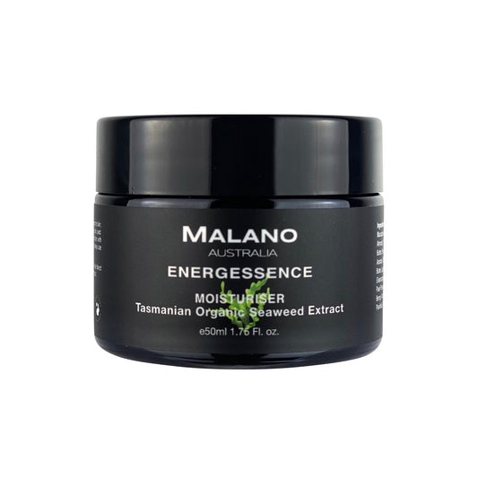 A black jar of Malano Energessence Moisturiser with white text detailing the product name, range, the use of Tasmanian Organic Seaweed content and the size of 50mL