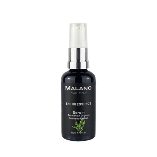 A black bottle with a silver and white pump dispenser with a black label and white writing displaying the brand Malano and the product name of Energessence Serum with Tasmanian Organic Seaweed extract with a capacity of 50mL