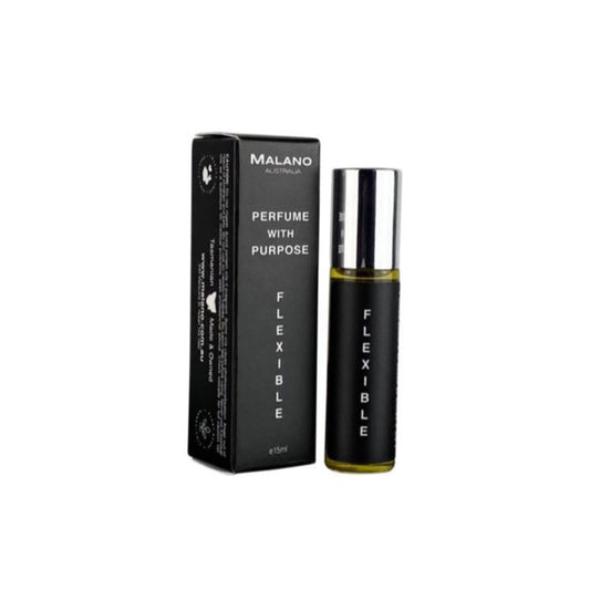A roll on perfume oil  bottle with a black and white label with Flexible, Perfume With Purpose and Malano written on it sitting next to its packaging box.