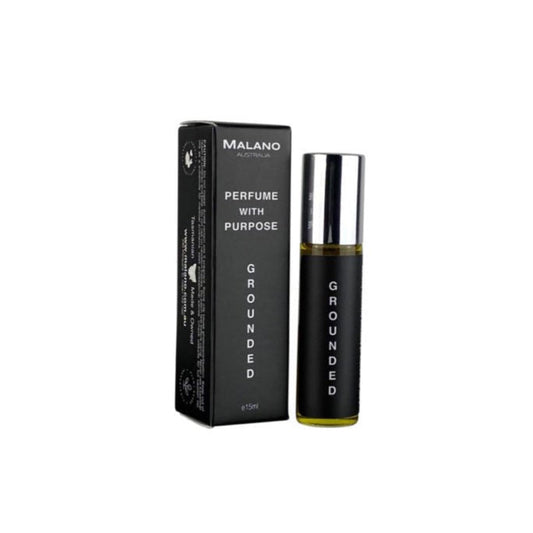 A clear glass roll on  perfume bottle and black label and box set with white text, labeled 'Grounded, Perfume With Purpose' and Malano.