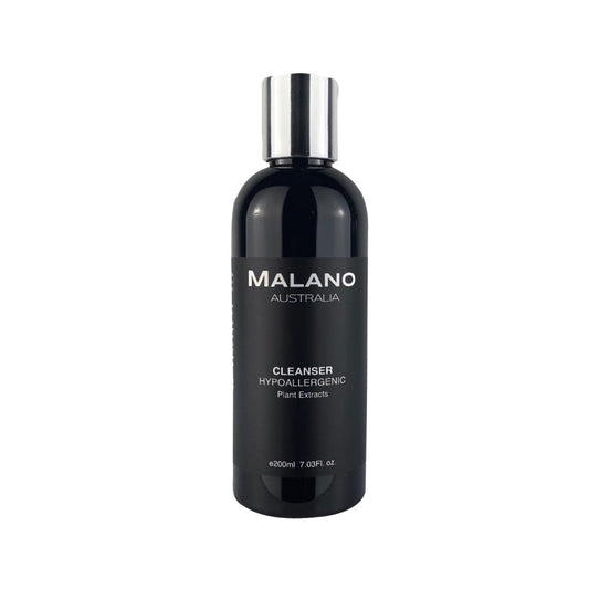 A black bottle with white and silver labeling text that reads 'Cleanser Hypoallergenic with Plant Extracts in 200mL' on a white background.