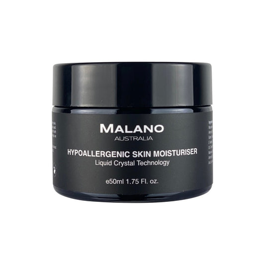 A black jar of Malano hypoallergenic moisturiser for sensitive skin with a black and white label with a capacity of 50mL
