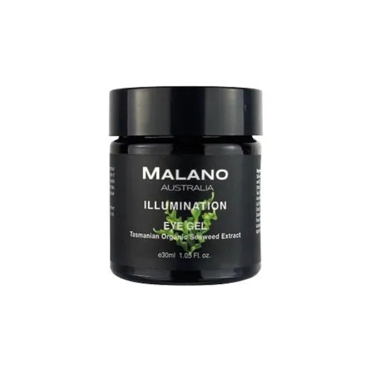 A black jar with a black label with white writing  that reads 'Malano Illumination Eye Gel Tasmanian Organic Seaweed Range', containing 30mL of eye gel.