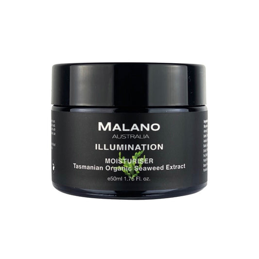A black jar of Malano Illumination Moisturiser with white text detailing the product name and Tasmanian Organic Seaweed extract as an ingredient with a 50mL capacity.