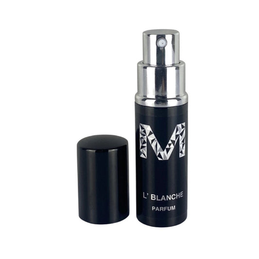 A black perfume  bottle with the lid off, with a black label containing silver writing  displaying 'MALANO', ', and 'L’Blanche Parfum'. The bottle size is 10mL.