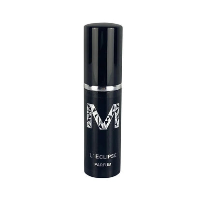 A black perfume bottle of L'Eclipse Parfum with silver  text indicating the name of the fragrance.