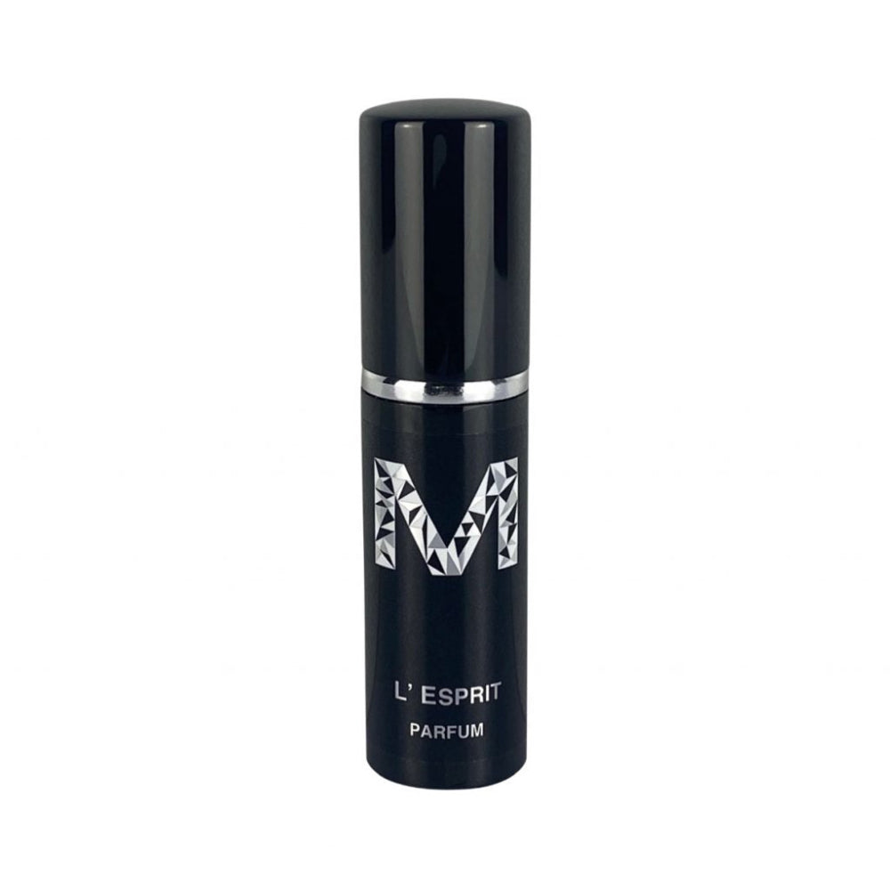 A black bottle of L'Espirit Parfum by Malano with a simple and elegant design, labeled with metalic silver text.