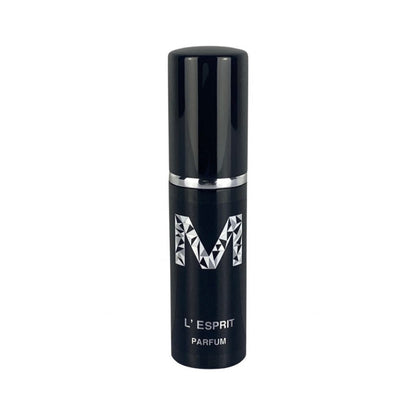A black bottle of L'Espirit Parfum by Malano with a simple and elegant design, labeled with metalic silver text.