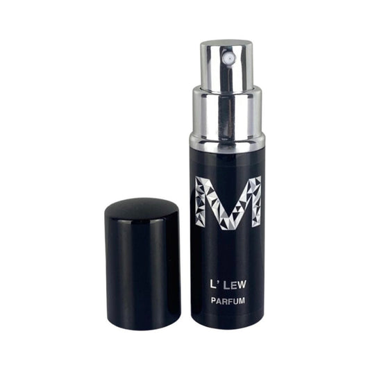 A black perfume bottle with the lid off, with a black label containing silver writing  displaying 'MALANO', ', and 'L’Lew Parfum'. The bottle size is 10mL.