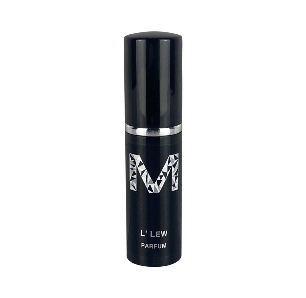 A black 10mL bottle of L'Lew Parfum by Malano with silver text on a a black label against a  plain background.