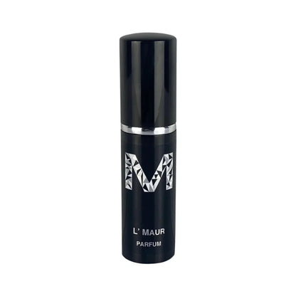 A black bottle of L'Maur Parfum with the lif on, with silver  text displaying the brand name 'MALANO' on the front.