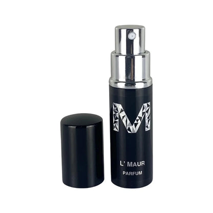 A black perfume bottle with the lid off, with a black label containing silver writing  displaying 'MALANO', ', and 'L’Maur  Parfum'. The bottle size is 10mL.