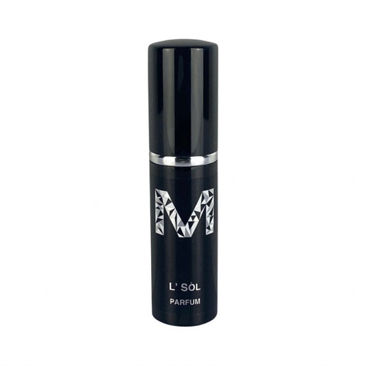 A black bottle of L’Sol Parfum in 10mL with silver text indicating the name and type of the fragrance and the brand Malano
