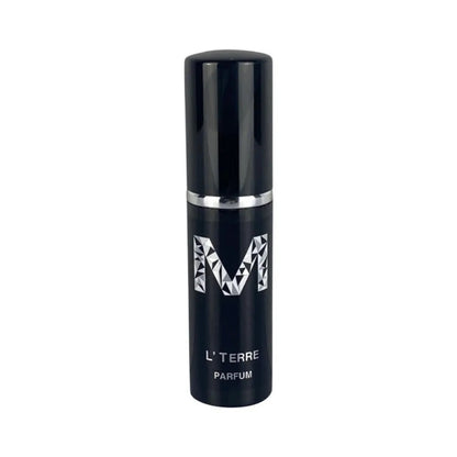 A black perfume bottle with the lid on, with a black label containing silver writing  displaying 'MALANO', ', and 'L’Terre Parfum'. The bottle size is 10mL.