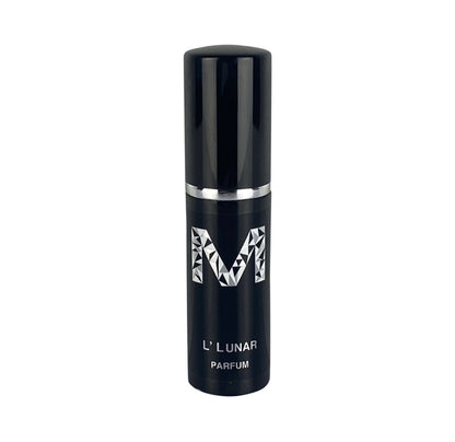 A black bottle of L’Lunar Parfum with white text indicating the name and fragrance category 'Parfum' and the brand Malano on the label.