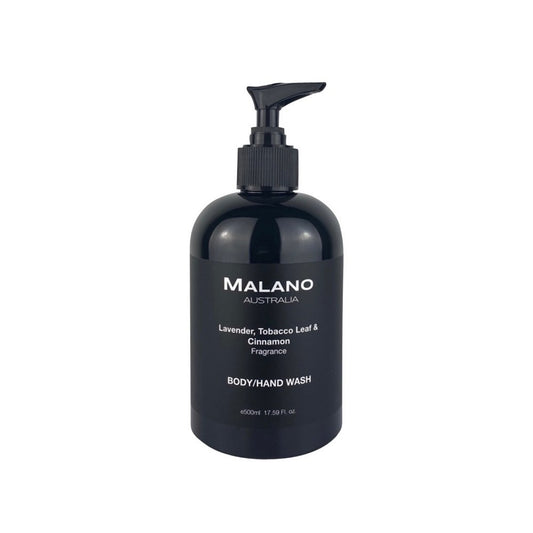 A black pump bottle labeled 'MALANO’' with the product name 'Lavender, Tobacco Leaf & Cinnamon Body/Hand Wash'.