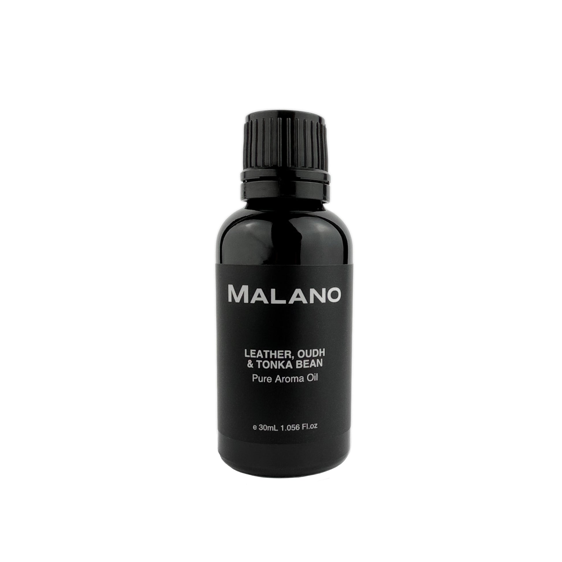 A black bottle with a white label that reads 'MALANO LEATHER, OUDH & TONKA BEAN Pure Aroma Oil 30mL'.