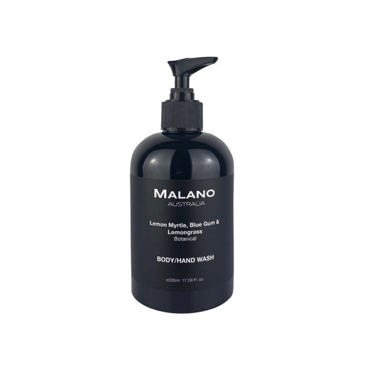 A black pump bottle with white label text stating 'MALANO  Lemon Myrtle, Blue Gum & Lemongrass Body Hand Wash 500mL'.