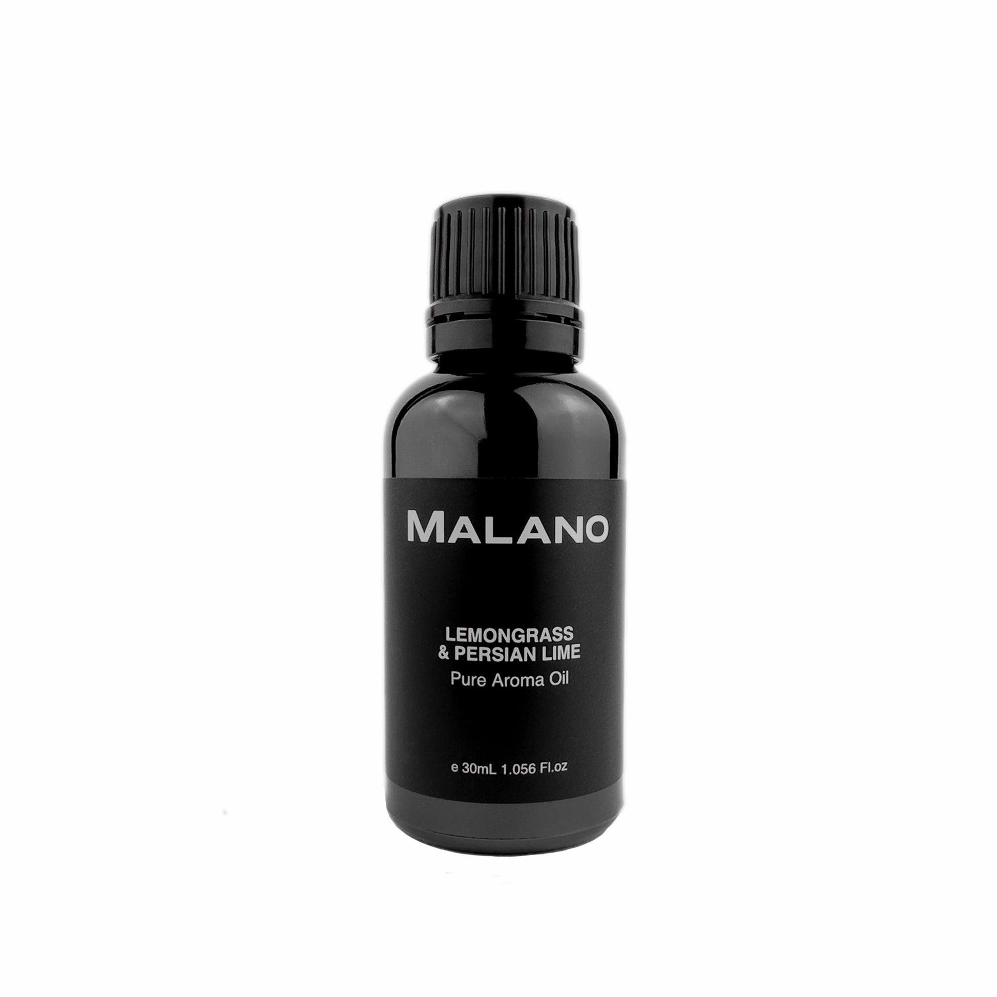 A black bottle with a white label displaying 'MALANO', 'LEMONGRASS & PERSIAN LIME', and 'Pure Aroma Oil'. The bottle is 30mL in size.