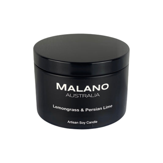 Black matte jar soy candle by Malano Australia with lid, featuring a warm and earthy scent of Lemongrass and Persian Lime. Hand-poured artisan candle for luxury home fragrance and relaxation.