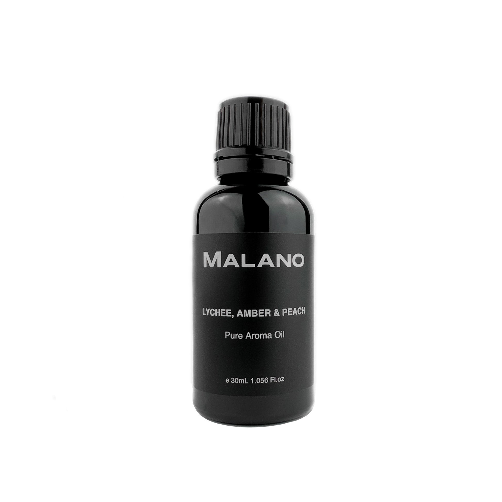 A black bottle with a white label showing the brand name 'MALANO' and the fragrance name 'Lychee, Amber & Peach Pure Aroma Oil'. The bottle has a capacity of 30mL.