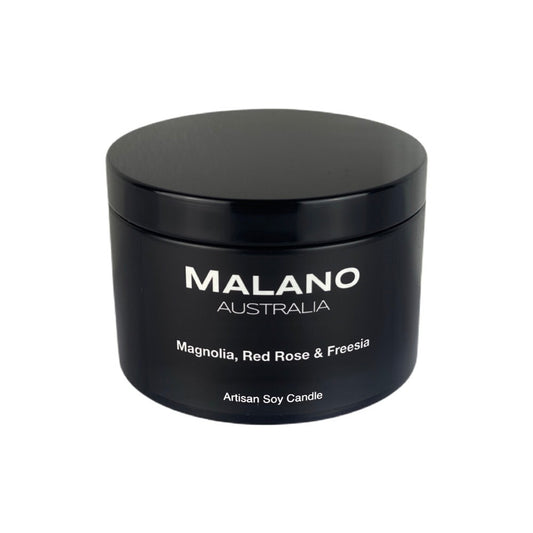 Luxury Australian handmade soy candle in matte black jar, scented with a beautiful floral scent of Magnolia, Red Rose and Freesia. 
