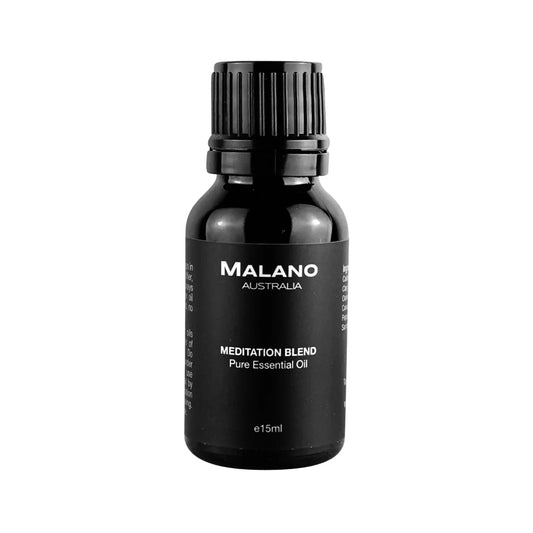 A black bottle with a black and white label displaying 'MALANO', 'Meditation Blend', and 'Pure Essential Oil'. The bottle size is 15mL.