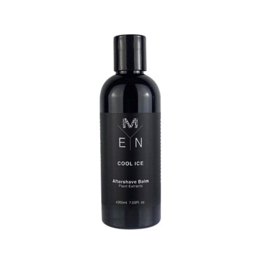 A black bottle of 'Cool Ice Aftershave Balm' for men, on a back label with white text detailing the product name and Malano brand name. 