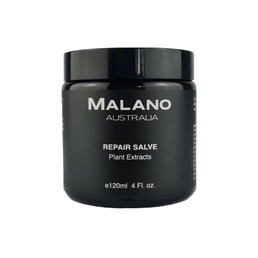 A black jar labeled 'Malano Repair Salve Plant Extracts' in 120ml size.