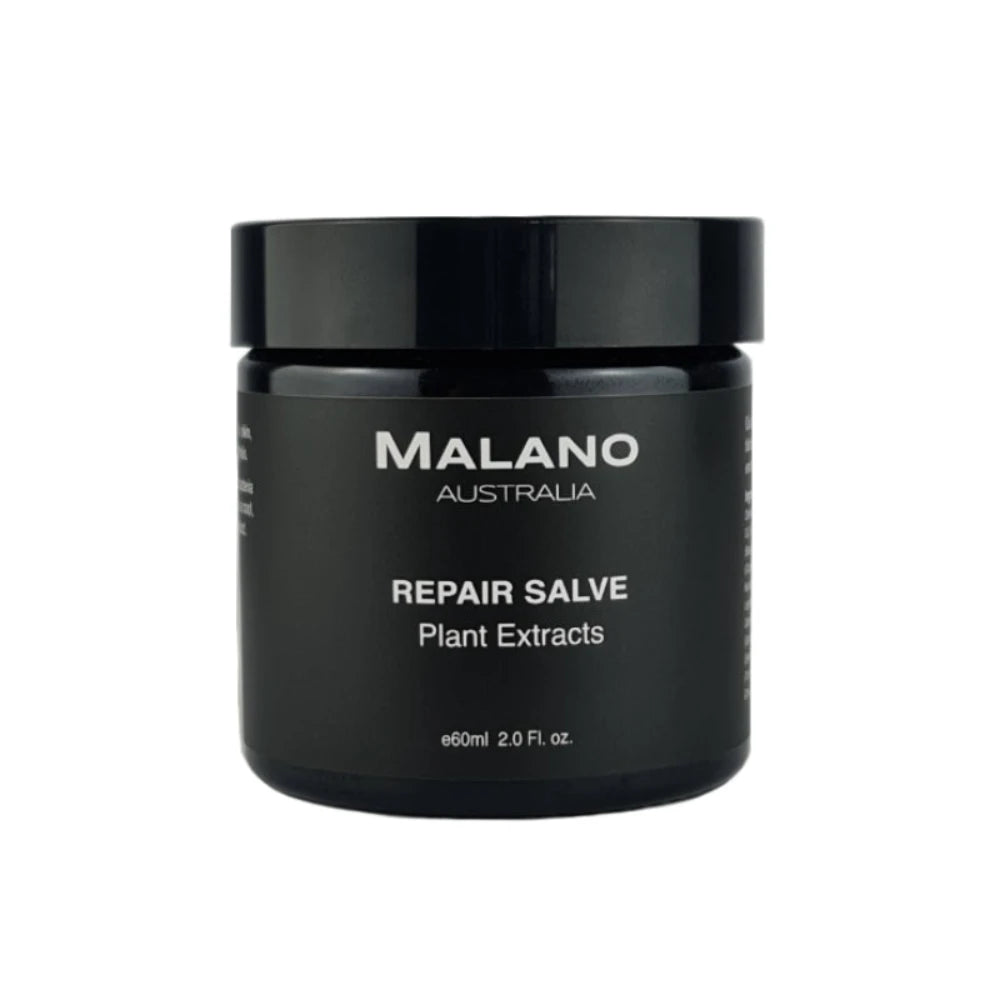A black jar labeled 'Malano Repair Salve Plant Extracts' in 60mL size.