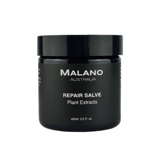 A black jar labeled 'Malano Repair Salve Plant Extracts' in 60mL size.