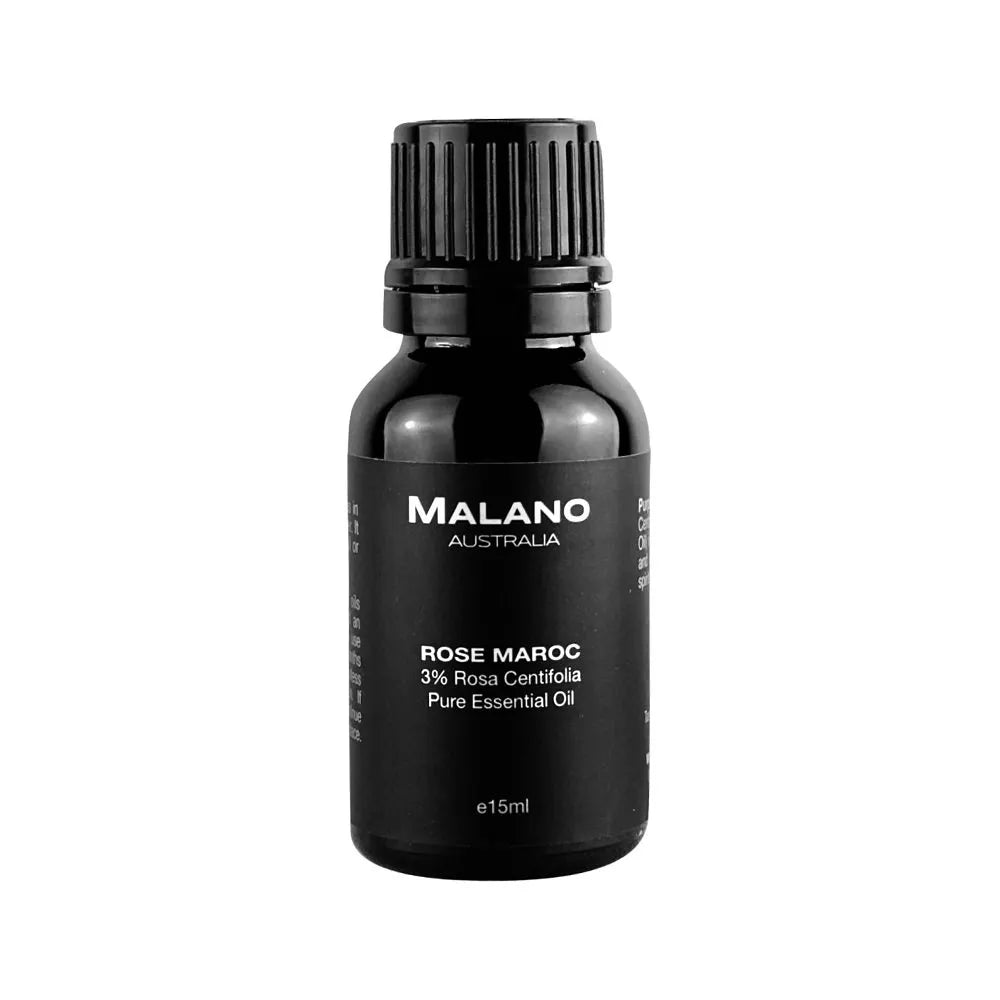 A black bottle with a black and white label displaying 'MALANO AUSTRALIA', 'ROSE MAROC 3% Rosa Centifolia', and the size '15mL'.