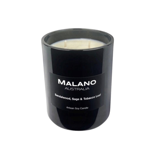 Black gloss glass jar containing a luxury Australian artisan, hand poured, scented soy wax candle by Malano with a dry woods scent of Sandalwood, Sage and Tobacco Leaf,  sitting against a white background