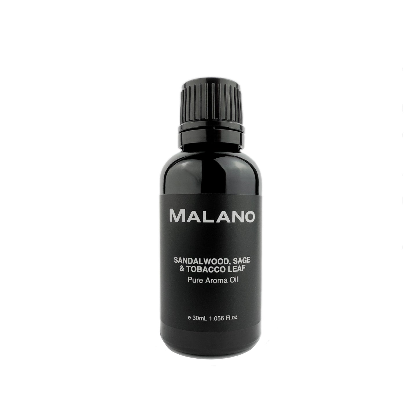 A black bottle with a white label displaying the brand name 'MALANO' and the product name 'Sandalwood, Sage & Tobacco Leaf Pure Aroma Oil'. for humidifiers