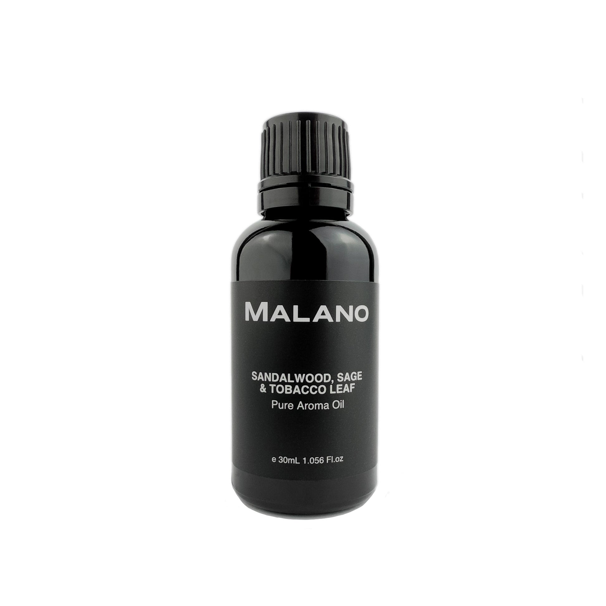 A black bottle with a white label displaying the brand name 'MALANO' and the product name 'Sandalwood, Sage & Tobacco Leaf Pure Aroma Oil'. for humidifiers