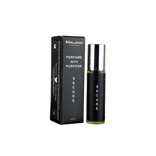 Malano clear glass roll on perfume bottle with a silver lid and black and white packaging with “Malano”, “Perfume WIth Purpose” and “Secure” written on it, on a white background