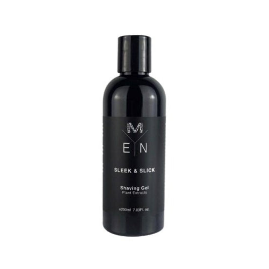 A black bottle with a black label and white text indicating it is Men's Shaving Gel with plant extracts with a capacity of 200mL but the brand Malano