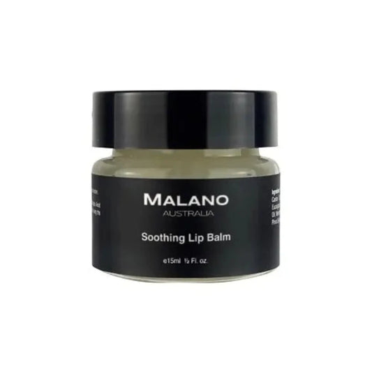 a small 15mL clear jar with a black lid that has a black label on it with white writing that says the brand name Malano and soothing Lip Balm, sitting against a white background.