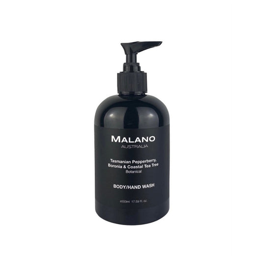 A black pump bottle labeled 'Malano Body/Hand Wash with the fresh and zesty scent of Tasmanian Pepperberry, Boronia and Costal Tea Tree, in 500mL, sitting against a white background.