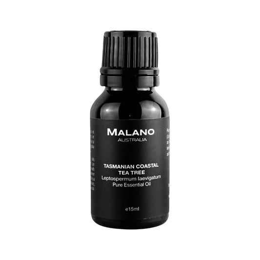 A black bottle with a black and white label displaying 'MALANO AUSTRALIA', 'Tasmanian Costal Tea Tree’ and ‘Leptospermum laevigatum' Pure Essential Oil, and the size '15mL'.
