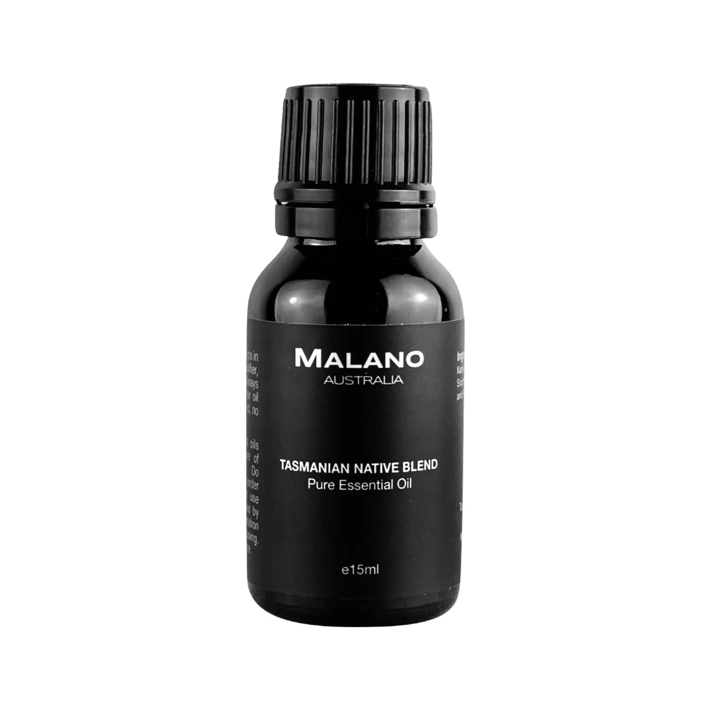 A black bottle with a black and white label displaying 'MALANO', 'TASMANIAN NATIVE BLEND', 'Pure Essential Oil', and the volume '15mL'.