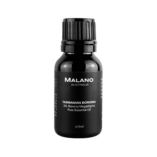 A black bottle with a white label displaying 'Malano Australia', 'Tasmanian Boronia 3% Boronia Megastigma Pure Essential Oil', and a volume indication of '15mL'.