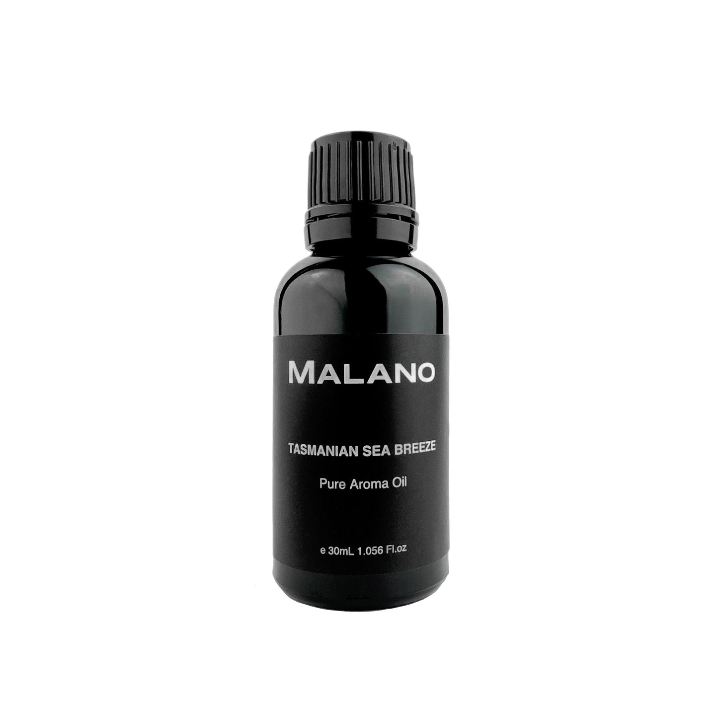 A black bottle with a white label displaying 'MALANO TASMANIAN SEA BREEZE Pure Aroma Oil' on a plain background.